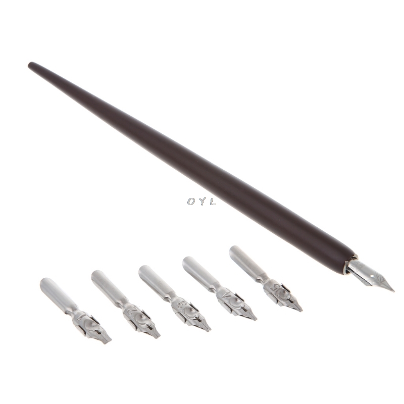 Wood English Calligraphy Pen Copperplate Script Oblique Dip Pen Holder + 5 Nib