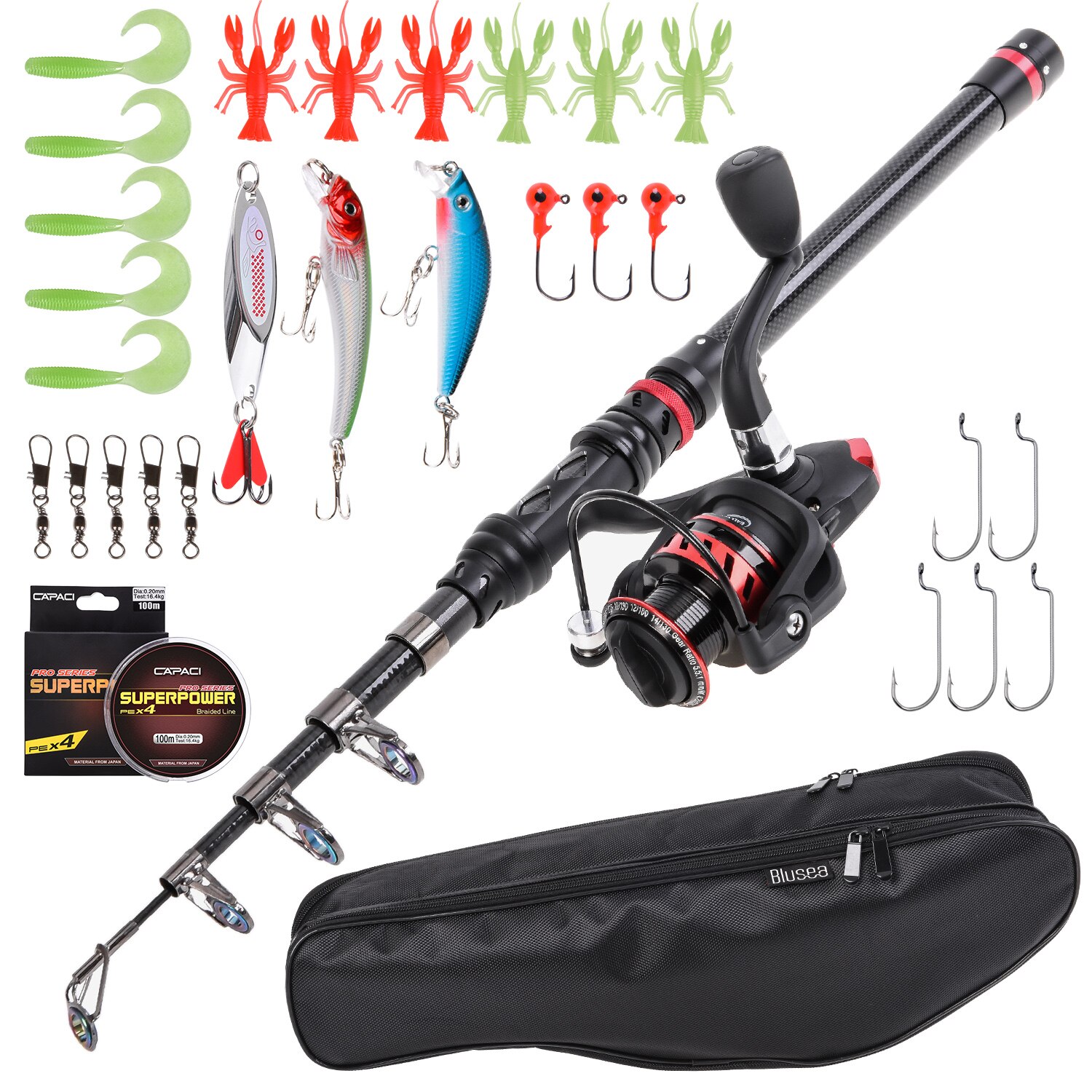 Blusea Fishing Rod and Reel Combo Carbon Fiber Telescopic Fishing Rod with Spinning Reel Combo Carrier Bag Case Fishing Lures: 2.1M