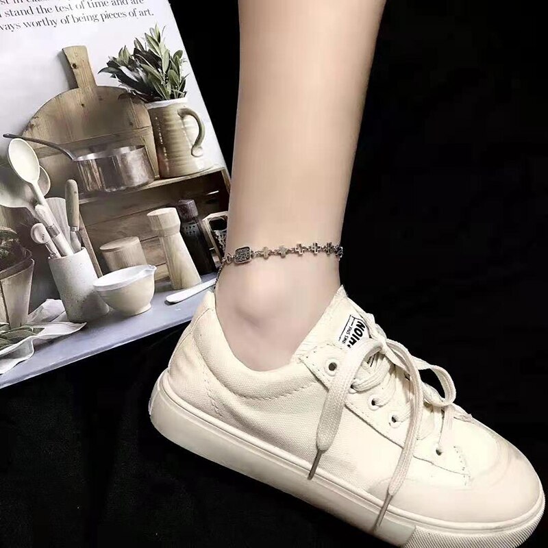 Female trend hollow cross stitching S925 sterling silver anklet original brand jewelry exquisite