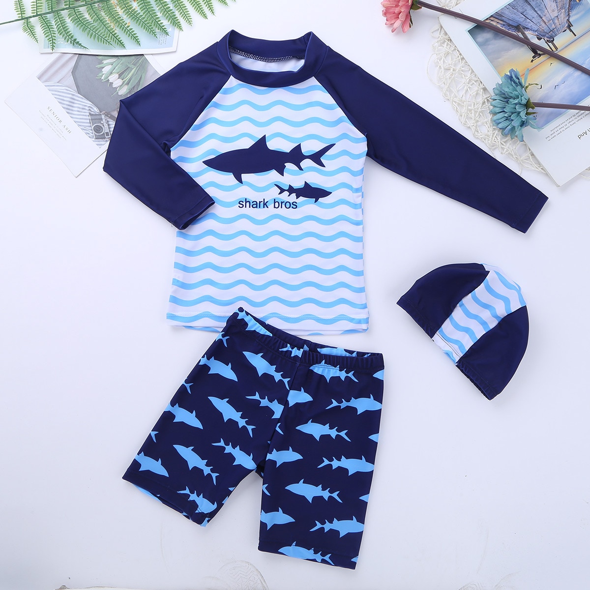 Oyolan 3 Stuks Kinderen Jongens Tankini Lange Mouwen Shark Patroon Badpak Set Tops Met Bodems Badmuts Set Badmode Badpak pak