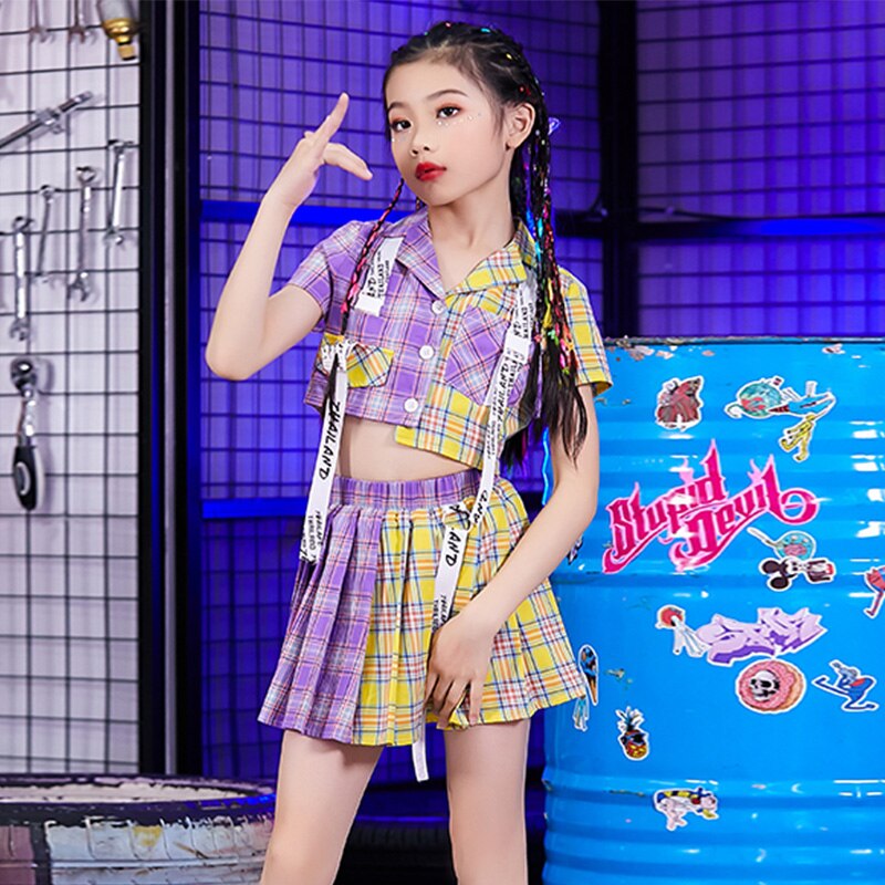 Nuevas chicas baile de Hip Hop trajes Jazz ropa de niños de a cuadros de manga corta Top falda de animadora funcionamiento DNV13214