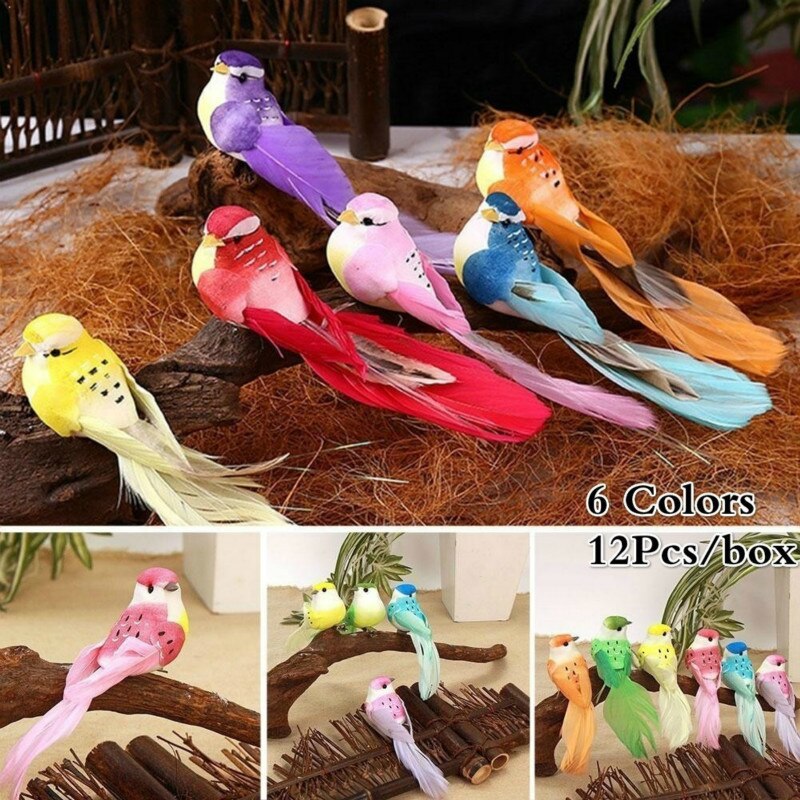 12pcs/box Simulation Artificial Bird Gardening Home Bird Ornament Decoration Colorful Bubble Birds Yard Decoration