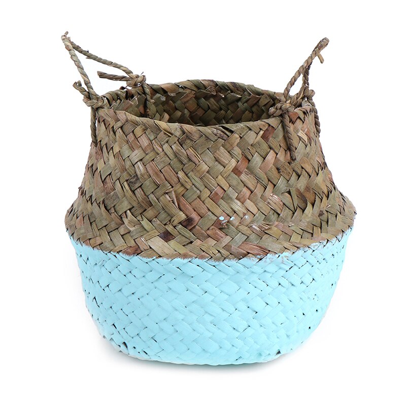 Mini Bambus Lagerung Körbe Faltbare Wäsche Stroh Patchwork Weide Rattan Seegras Bauch Blumentopf Pflanzer Handgemachte Korb: Blau