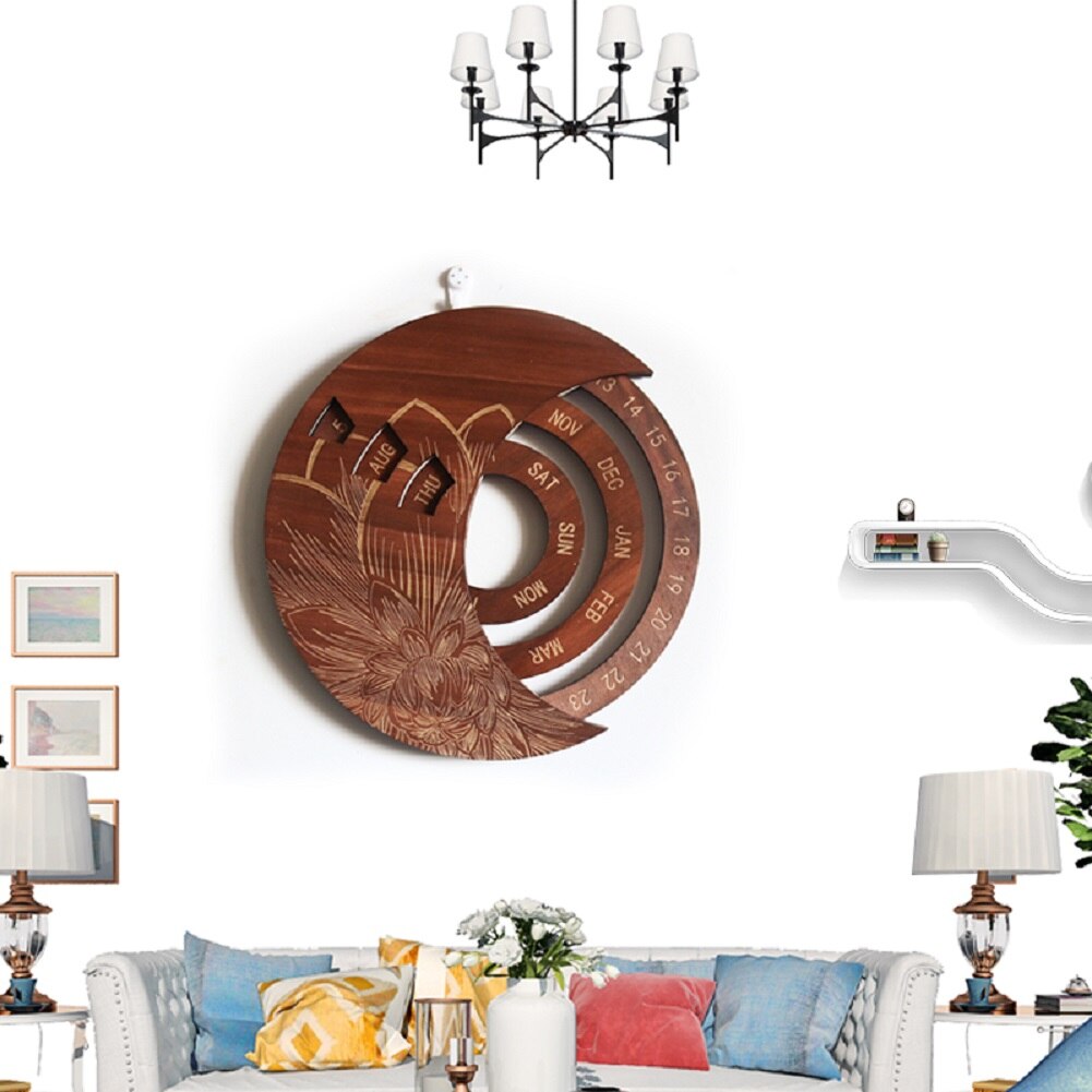 Wooden Calendar, Floral Print Rotatable Permanent Calendar Decorative Ornaments for Living Room Bedroom Arrivals