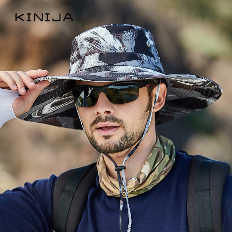 Summer Handsome Outdoor Climbing Fishing Tourism Dual Purpose Men Large Brim Sun Fisherman Hat Bucket Hat Sun Protection Cap