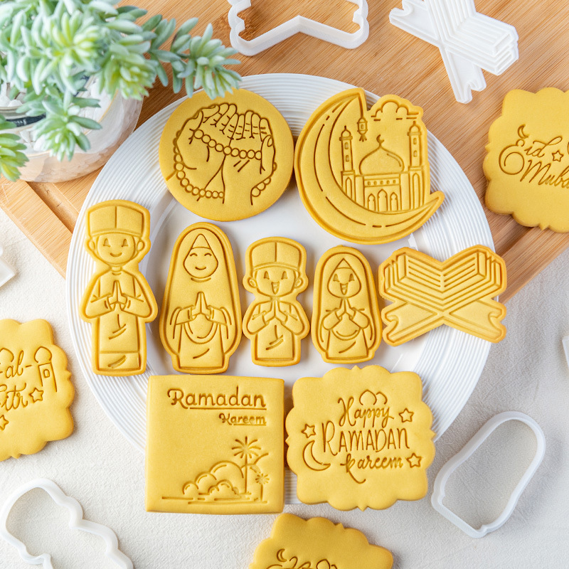 Molde para galletas Eid Mubarak, cortadores de galletas, estrella, iglesia, niño y niña, cortador en relieve, sello de Fondant, utensilios para hornear pasteles DIY