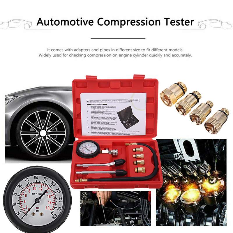 Tester di compressione manometro Kit Tester motore Auto benzina motore a Gas bombola Auto moto manometro Kit 0-300psi