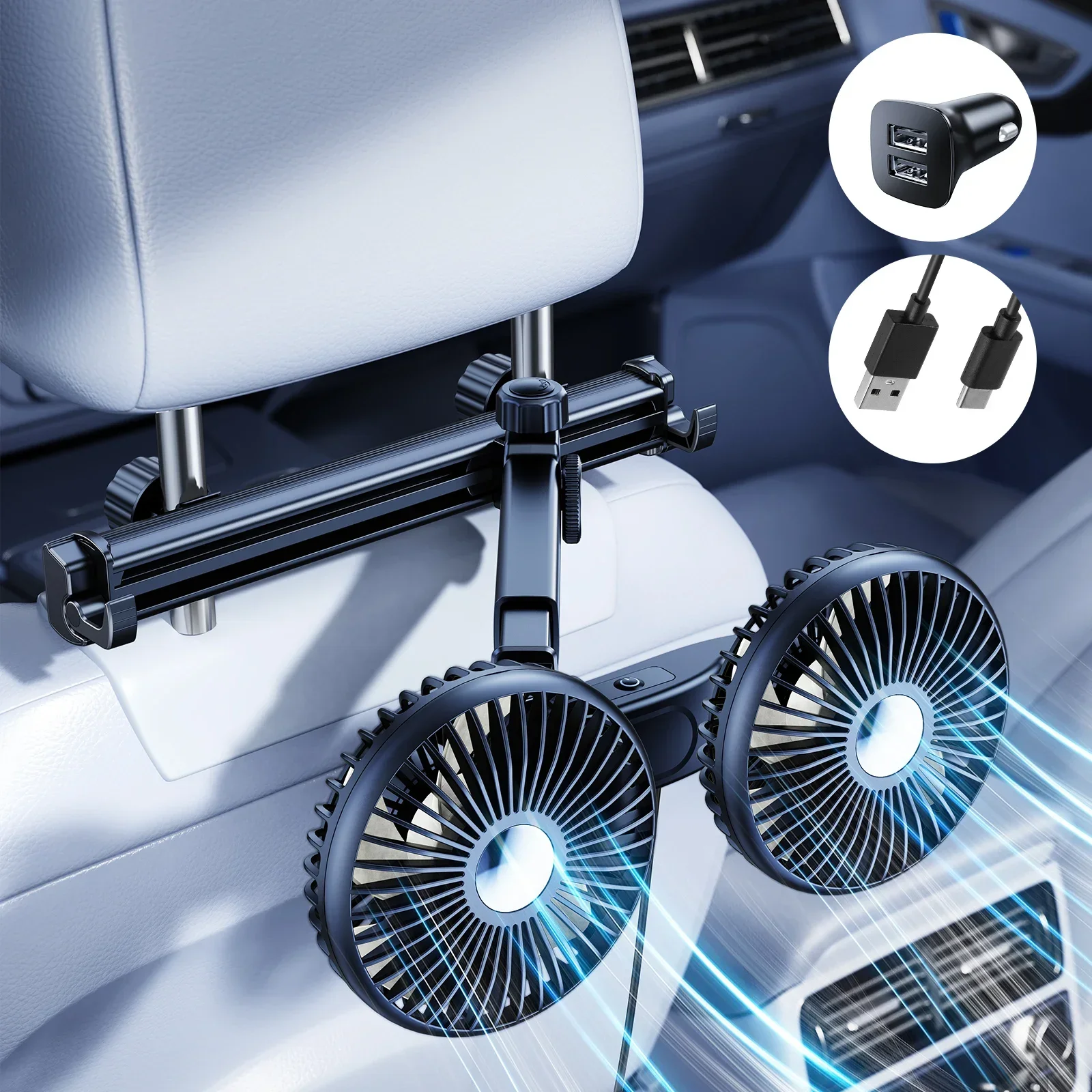 Eary Dual Head Fan Car Backseat Cooling Fan Summer Car Accessories 360° Rotation Cooler Car USB Charge Air Condition Cold Fans: mottled