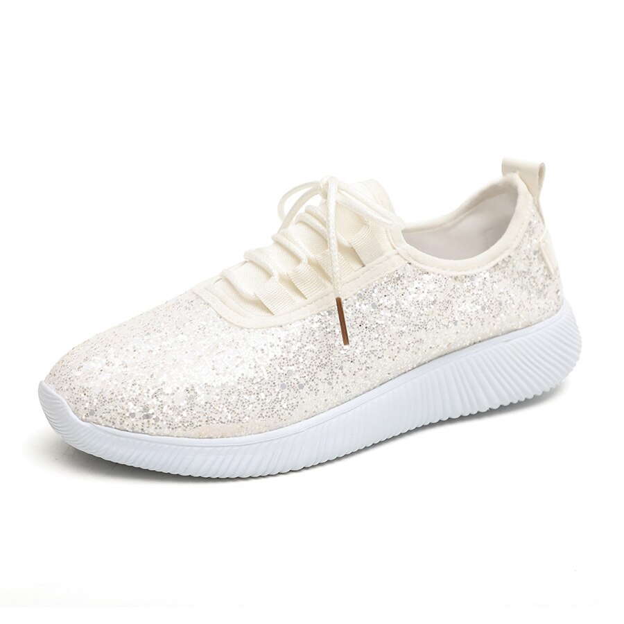 Mode Goud Zilver Schoenen Vrouwen Glitter Sneakers Zomer Bling Wit Sneakers Lace-up Sparkly Schoenen Voor Vrouwen Casual Schoenen d30: WHITE / 9