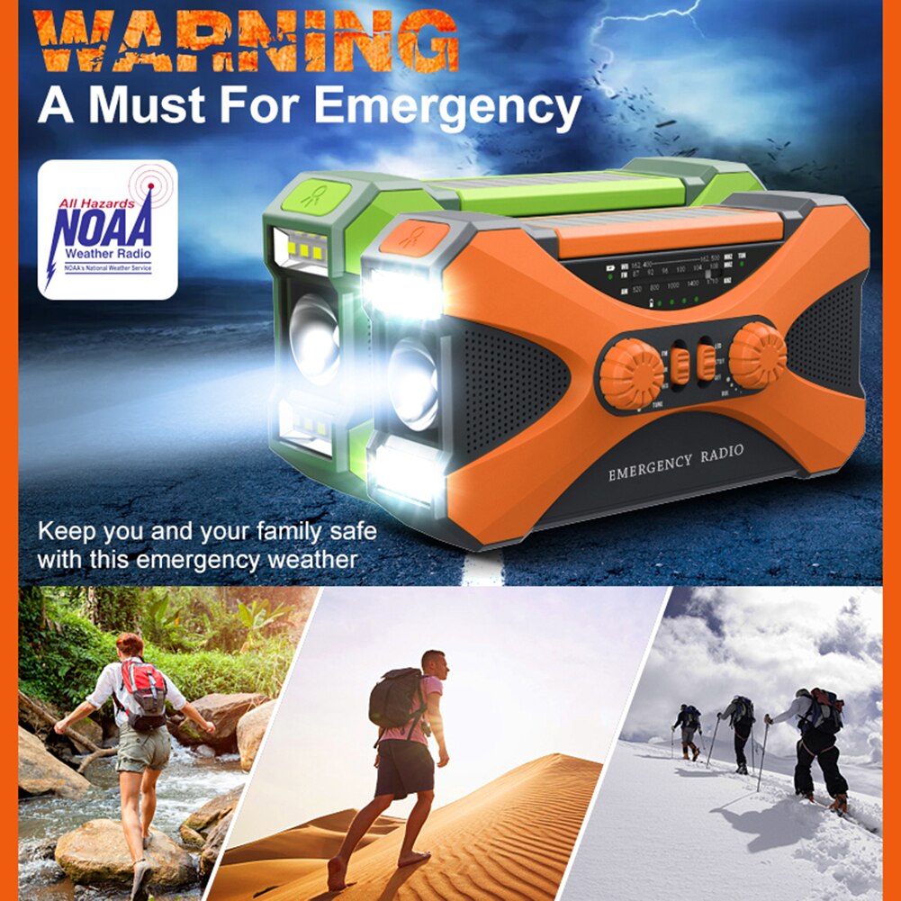 10000mAh Solar Hand Crank Radio AM/FM/NOAA Dual Speaker Stereo SOS Alarm LED Torch Flashlight Emergency Alert Power Bank