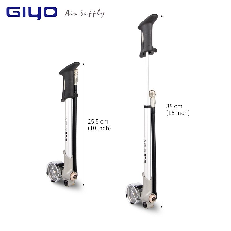 Giyo foldbar 300 psi lufttilførsel inflator cykel luftstødpumpe med håndtag og måler til gaffel & baghjulsophæng mountainbike