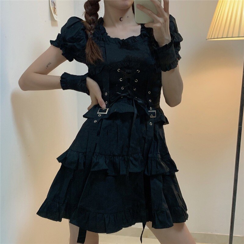 Vestido negro gótico de Lolita para mujer, prenda estilo Lolita, Victoriano, renacentista, Retro, Punk, manga abombada