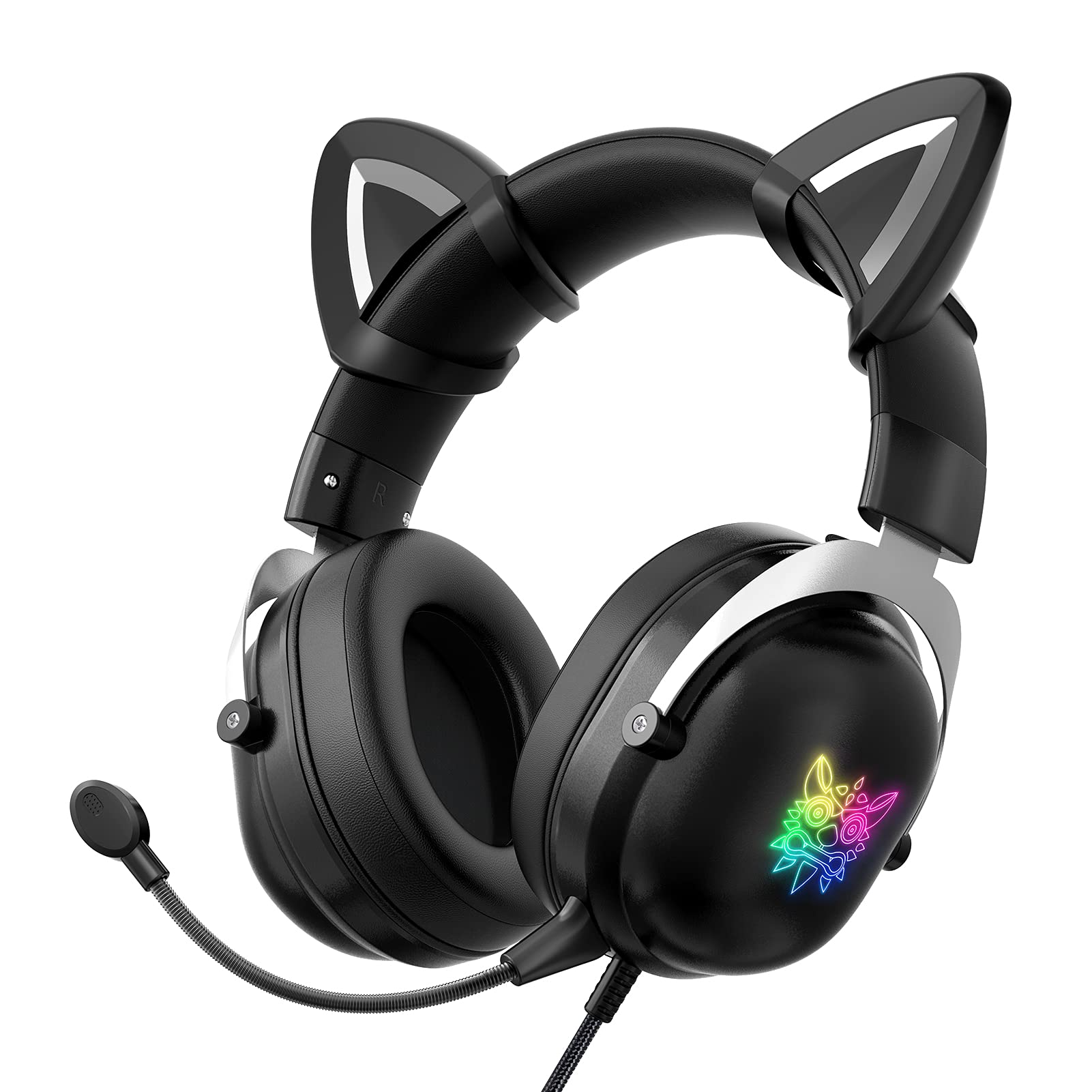 Onikuma X11 Black Cute Cat Ear Headphone with Mic Cute Gaming Headset with Mic and Noise Cancelling Headphone Gaming with Led Li: Black