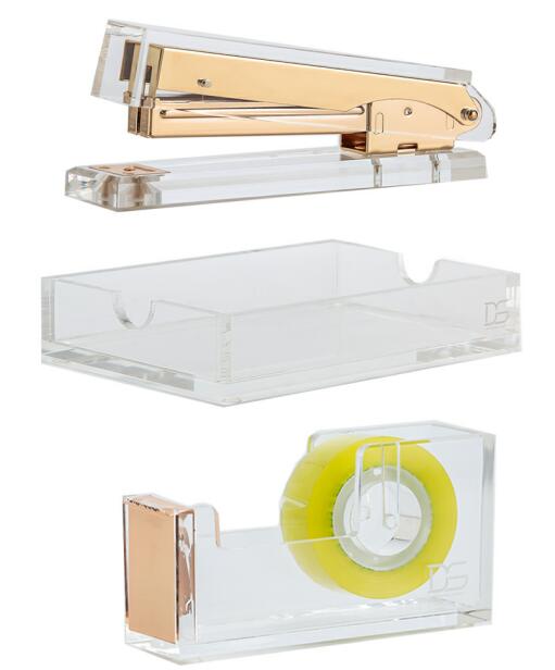 3pcs/setClear Memo Pad Note Holder+ Clear Gold Toned Acrylic Tape Dispenser +Acrylic Stapler desk kit: yellow gold 3pcs set