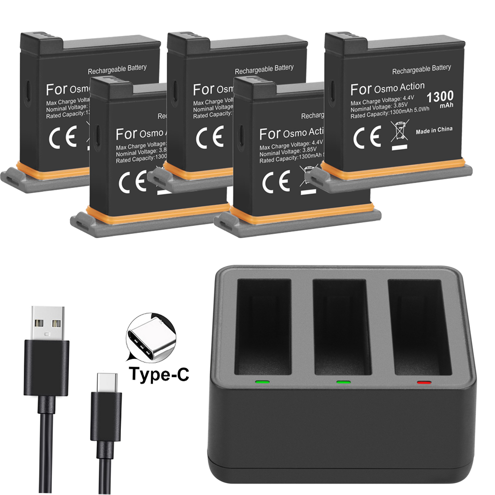 5 Pack Battery + 3 Slots Battery Charger Storage Box for DJI Osmo Action Camera Accessories: 5BatteryWithCharger
