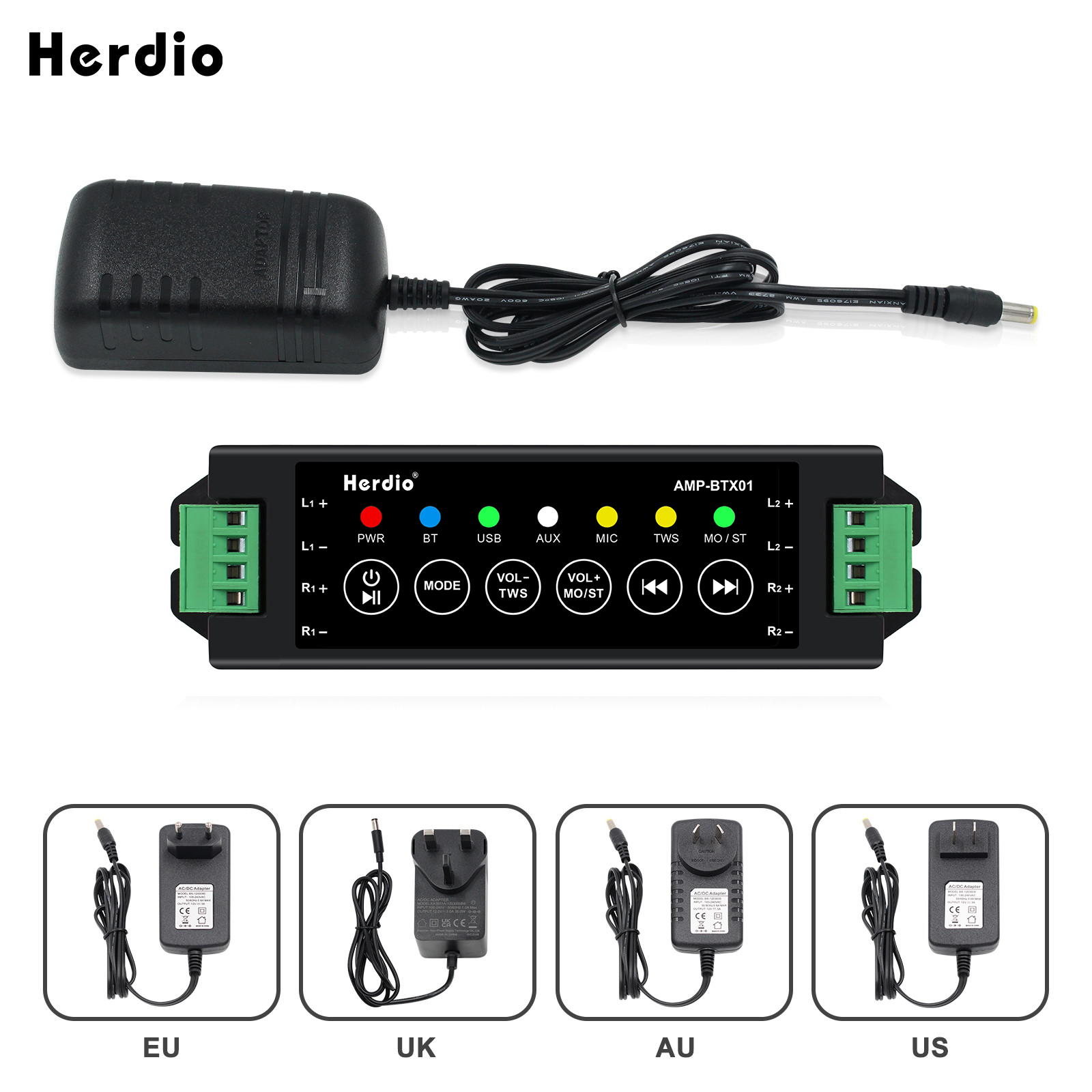 Herdio 4-Way Home Power Amplifiers Audio Bluetooth & Aux Mini Amplifier for Bathroom Wall Ceiling Speakers EU/US/UK/AU Plug