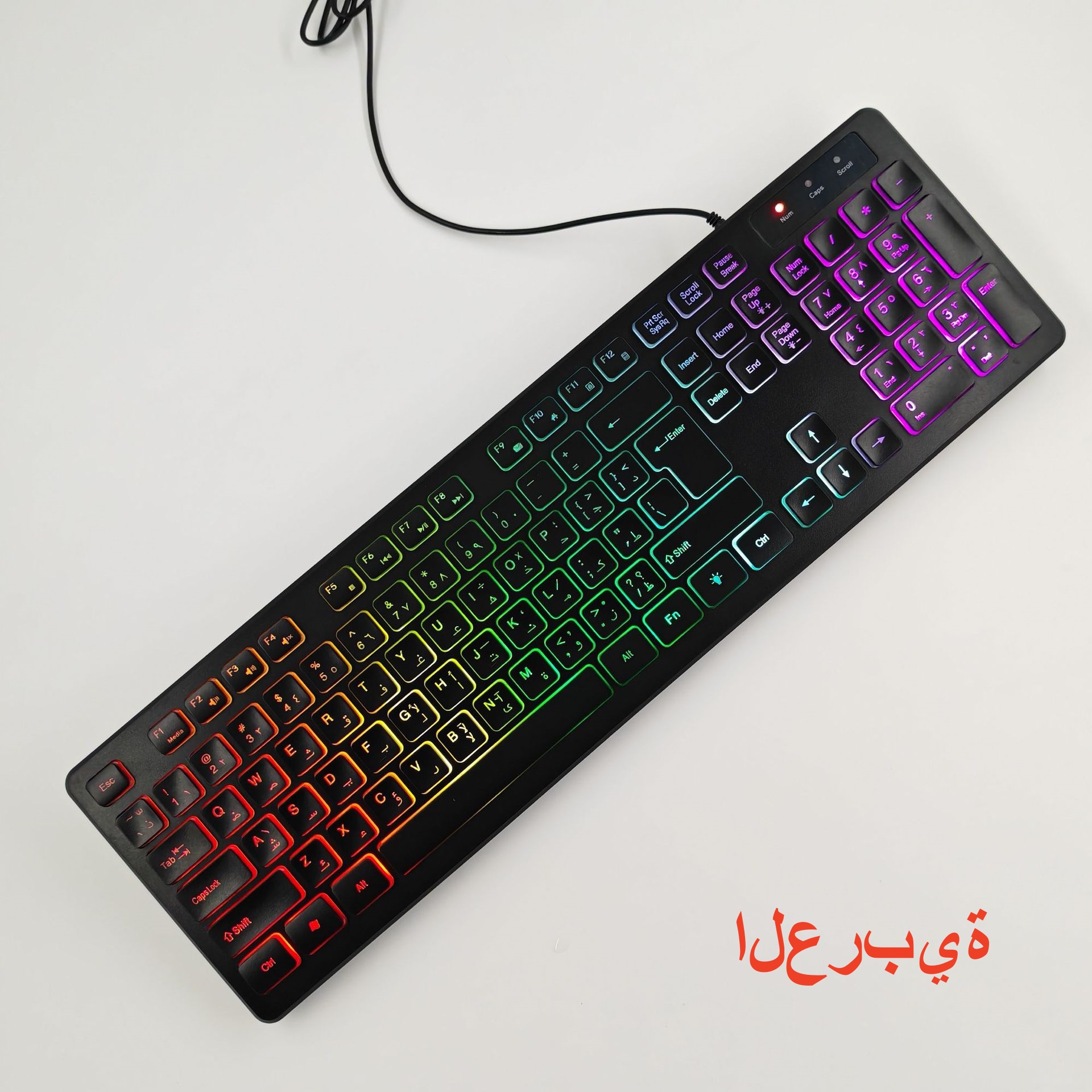 Teclado en español con la Ñ Teclado ruso, árabe, francés, alemán, inglés Ratón 100 % Retroiluminación arcoíris Letras translúcidas ISO 105 teclas Teclas de acceso directo multimedia W66