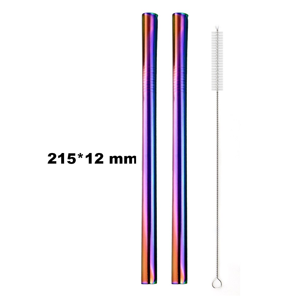 Pajilla de Metal reutilizable para beber, pajilla de Metal de acero inoxidable, paja colorida de arco iris de 16/19/21/23/26cm, diámetro de 6/8/12mm con 1 cepillo, 2 uds.: 215x12 Straight