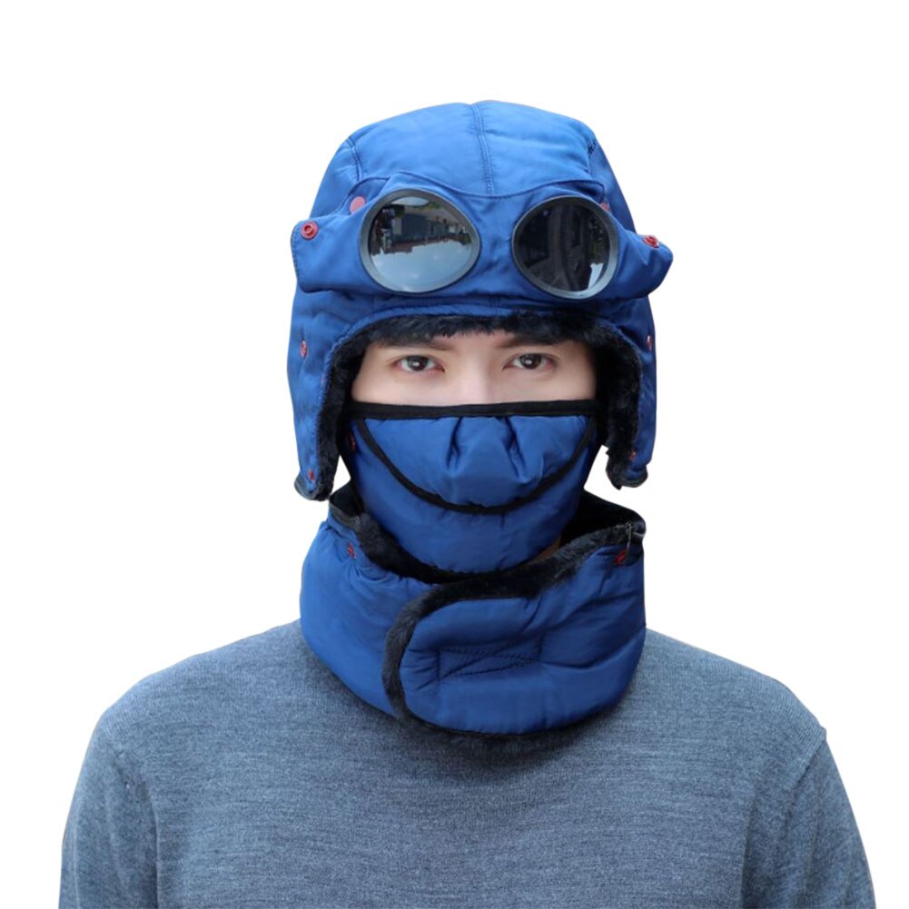 Winter Trooper Hat for Men and Women with Goggles Mask Scarf Warm Windproof Ear Flap Trapper Hat: Blue