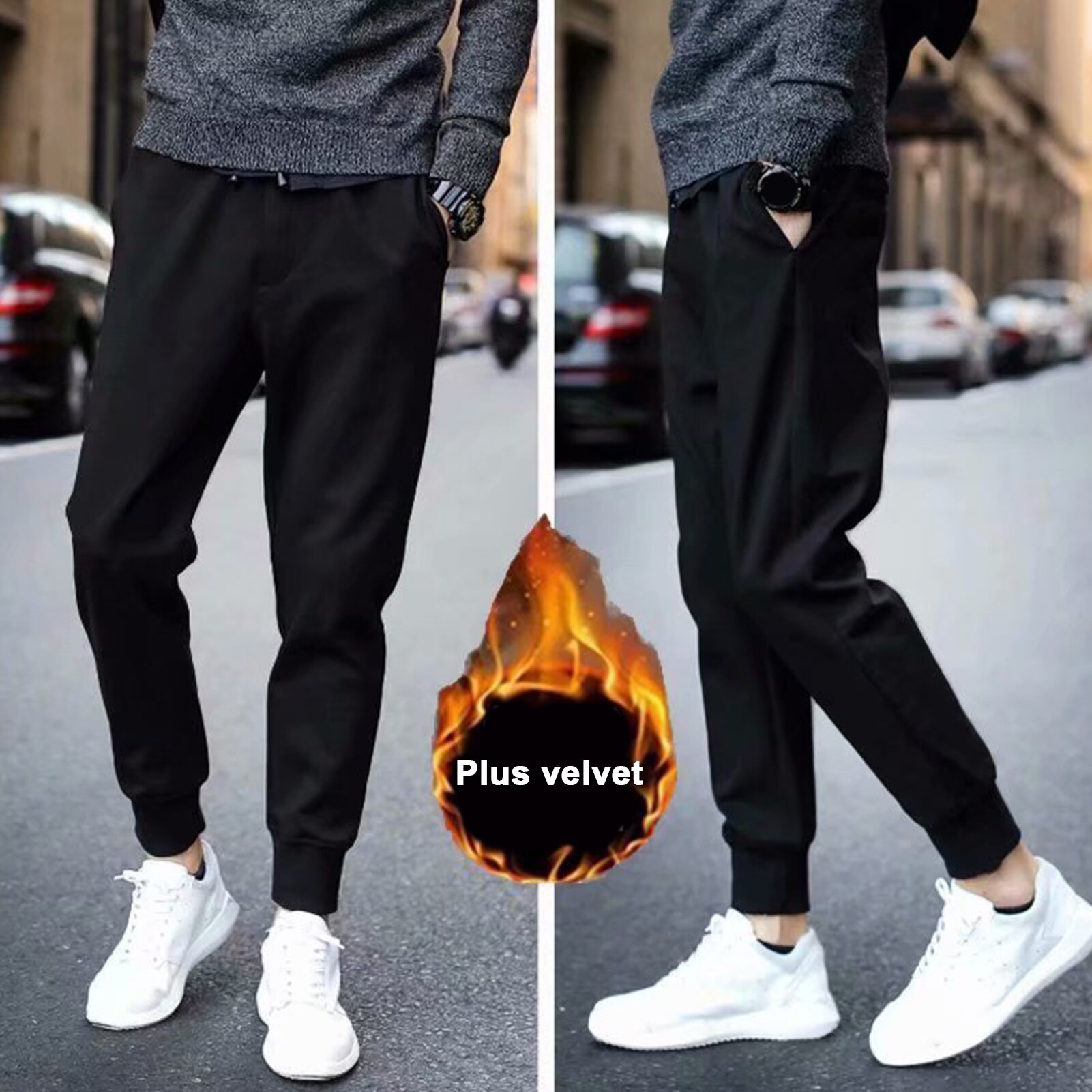 Men Plain Slim-Fit Casual Sports Sweatpants Fall Winter Thick Casual Harlan Pants Elastic Waist Lace-up Sports Trousers