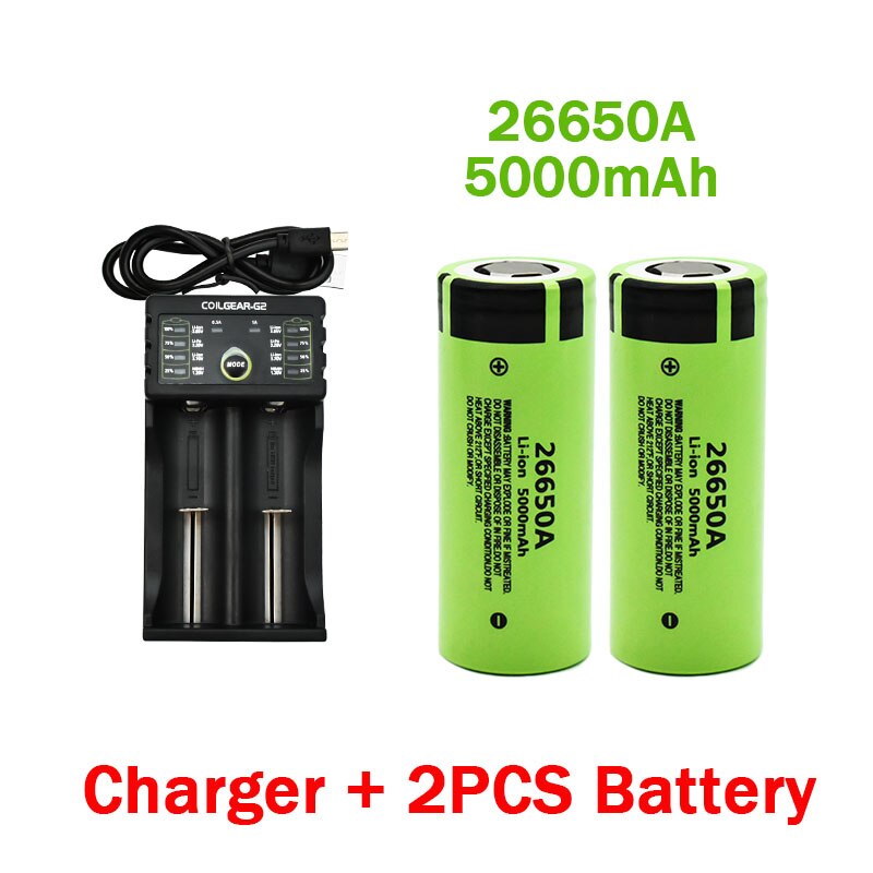 100%  originale 26650 batterier 5000 mah 3.7v 50a lithium ion oppladbare batterier for 26650a led lommelykter+lader: Rød