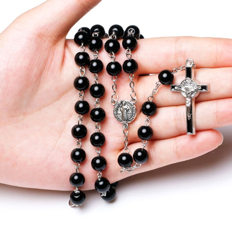 T84E Handgemaakte Ronde Glazen Bead Katholieke Rozenkrans Ketting Kruis Religieuze Hangers Lange Ketting Mannen Vrouwen Mode-sieraden