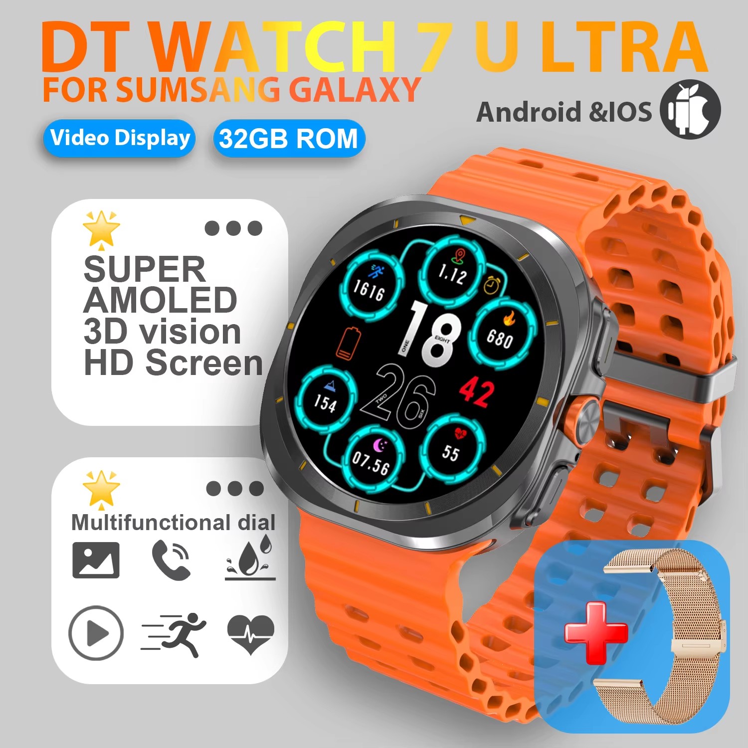 accorto guarda ultra 32GB memoria video NFC Schermo AMOLED HD da 1,43 pollici accorto guarda Uomo sport fitness inseguitore Smartwatch Donna: MULTI