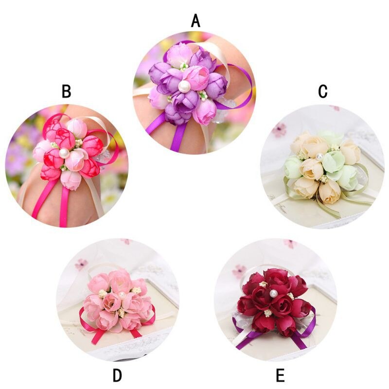 10pcs/lot Wrist Flowers Prom Wrist Flower Girls Bridesmaid Hand Flowers Wrist Corsage Bracelet Lace-up Flower Wedding Supply