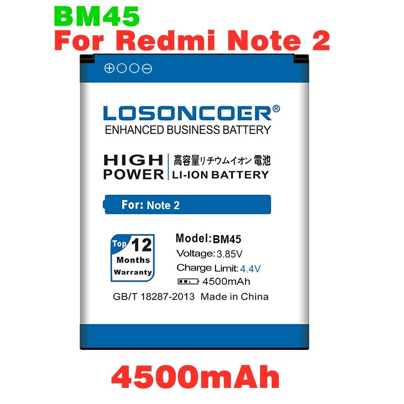 LOSONCOER 4500mAh BM45 Batterij Voor Originele Xiaomi Redmi Note 2 Batterij Hongmi Rode Rijst Note2 Polymeer Mobiele Telefoon Batterijen