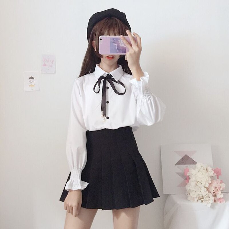 Leuke Boog College Wind Overhemd Vrouwelijke Flare Mouw Vrouwen Blouse Harajuku Uniform Shirt Lace Up Witte Blouses Vrouw Tops