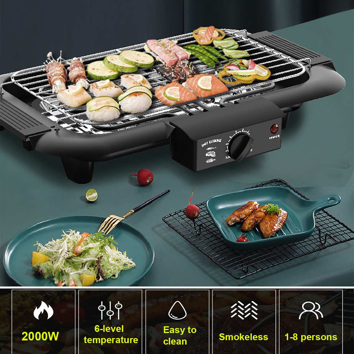 2000W Household BBQ Grill Electric Barbecue Machine Smokeless Grilled Meat Pan 6 Temperatures Hotplate Oven Kitchen Appliances