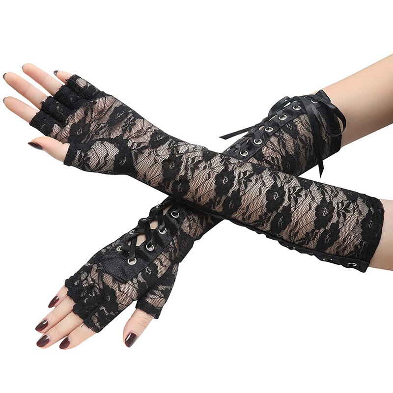 1Pair Women Gothic Long Glove Fingerless Black Punk Hip Pop Half-Finger Mittens Clubwear Dance Cosplay Party Arm Sleeve