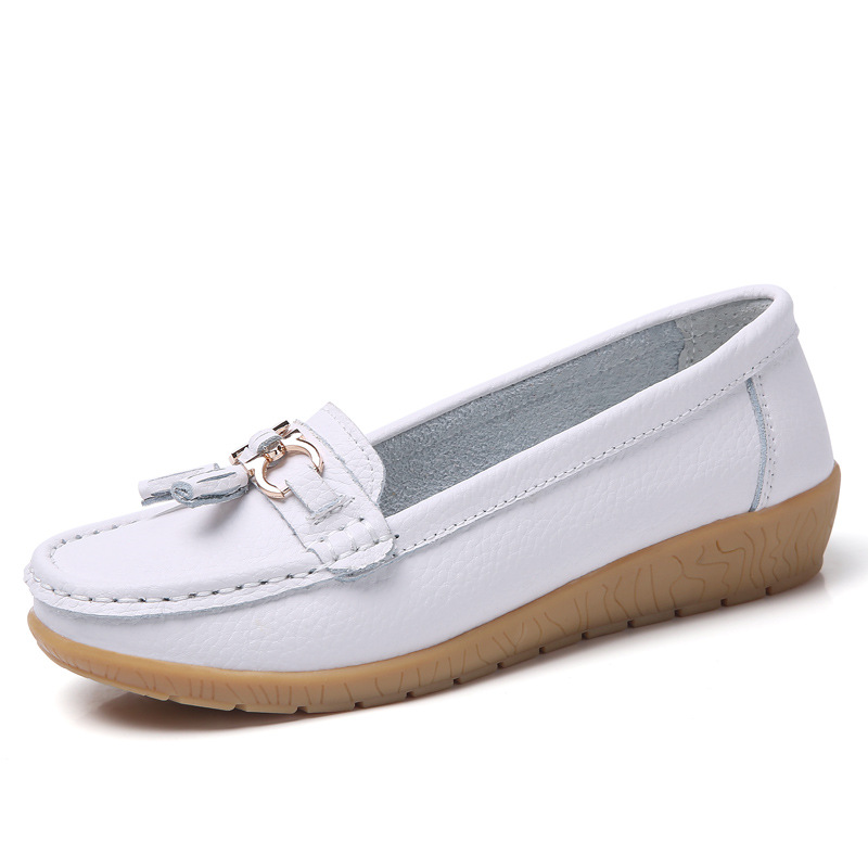 Ægte læder dame flade sko afslappet damesko mokkasiner sko dame slip-on flade sko sorte damesko plus size: Khaki / 43