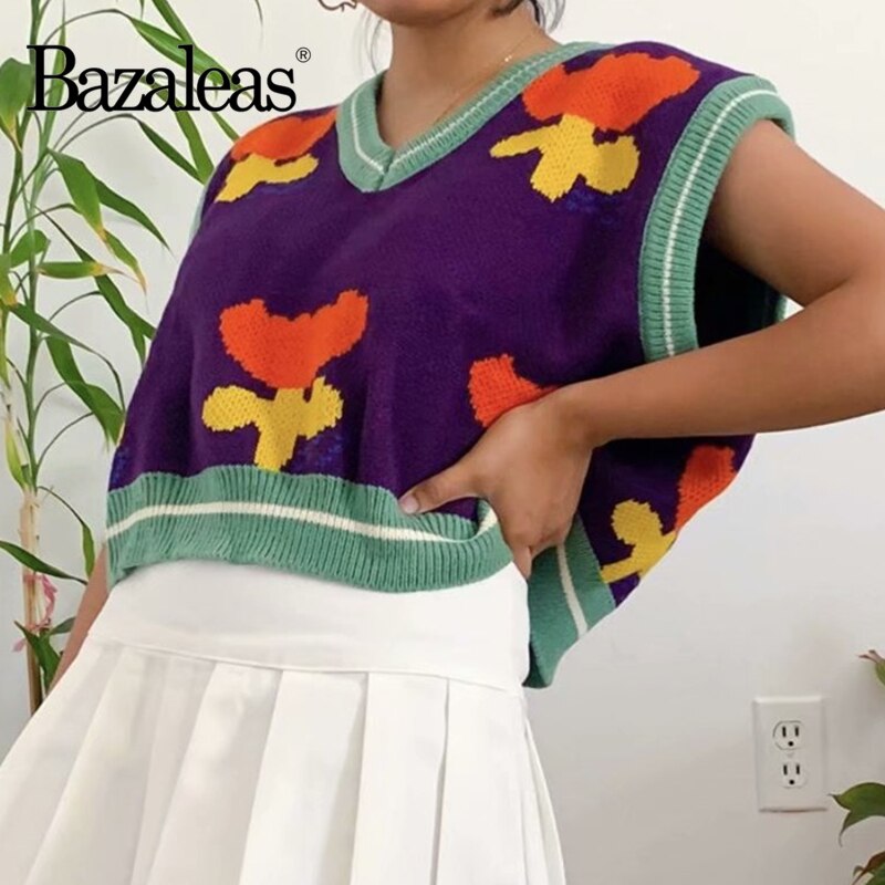 Bazalea retro tank dame sweater punk orange blomster pull femme lilla cardigan sweatere casual camis strikket