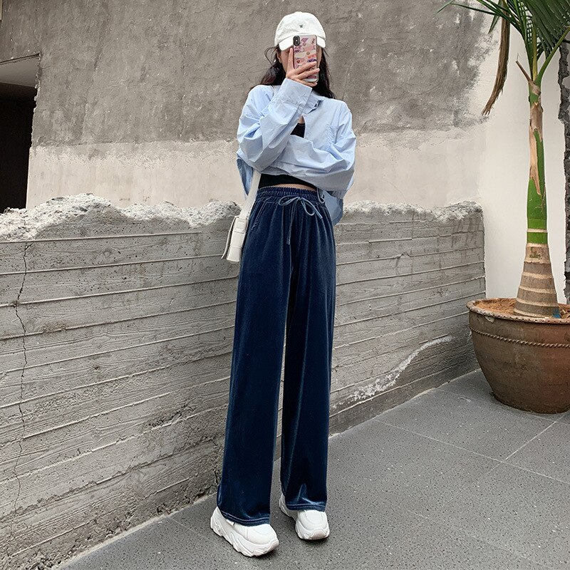 Donne Eleganti Nero Pantaloni Del Merletto Up Elastico In Vita Streetwear 2020 Autunno Inverno Casual Pieno Lunghezza Pantaloni di velluto Oro Pantalones: S / 3