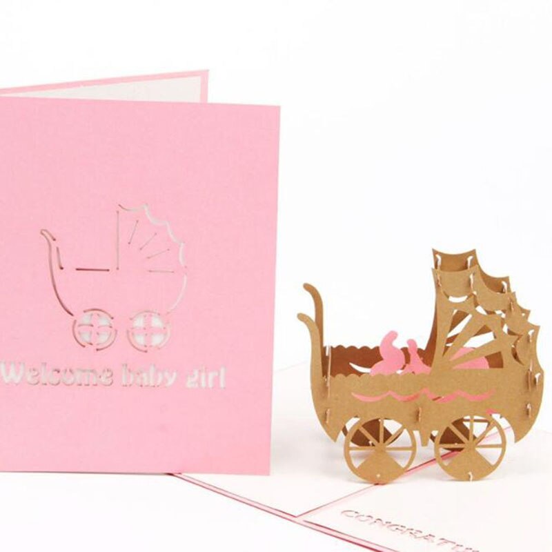 Papel feito à mão arte cartões em branco decoração 3d padrão criativo bebê no carrinho de bebê cartão pop up cartão de aniversário presente do bebê: pink