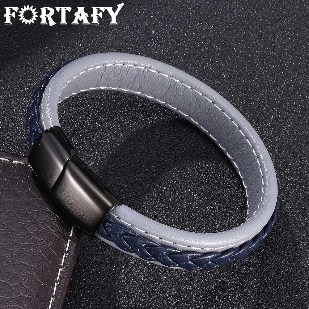 FORTAFY Men Punk Jewelry Gray &amp; Blue Braided Leather Bracelet for Mens Bracelets Stainless Steel Magnetic Clasp Wristband FR0011