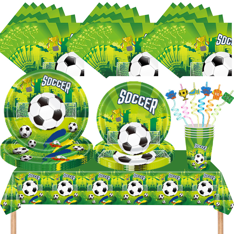 Decoraciones de de cumpleaños de fútbol para niños, globos de temática de fútbol, juego de vajilla para niños, platos de papel, servilletas, tazas, bandera