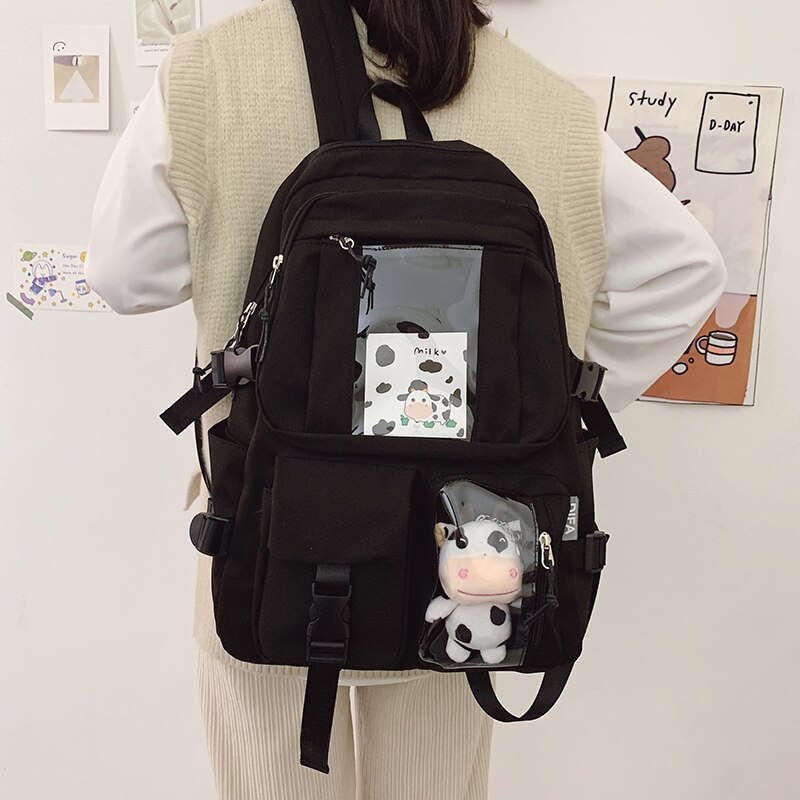 Solid Color Waterproof Nylon Women Backpack Female Multi-pocket Insert Buckle Travel Bag Girls Transparent Pocket Schoolbag
