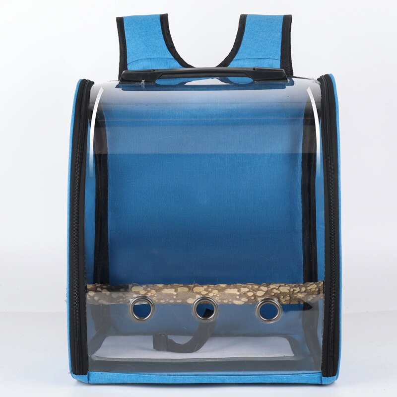 Mochila transpirable para pajaros y loros, bolsa ligera de viaje al aire libre para mascotas, soporte de cinturón lateral duro con taza de comida y pájaros: Blue1