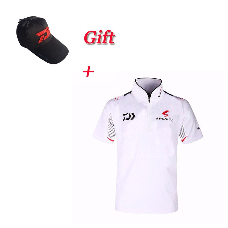 Men Fishing Clothes Uv Sunscreen Breathable Fiber Fishing Shirts Profesional Short Sleeve Fishing Shirt Male Free cap: White / S