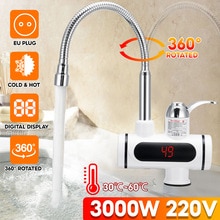 3000W 220V LED Electric Kitchen Water Heated Tap Water Faucet Cold Heating 360 Degree Rotatory Tankless Water Heated