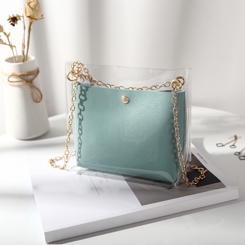 Women Composite Bags Transparent Shoulder Bag Metal Chain Magnetic Buckle PU Purse SER88: Blue