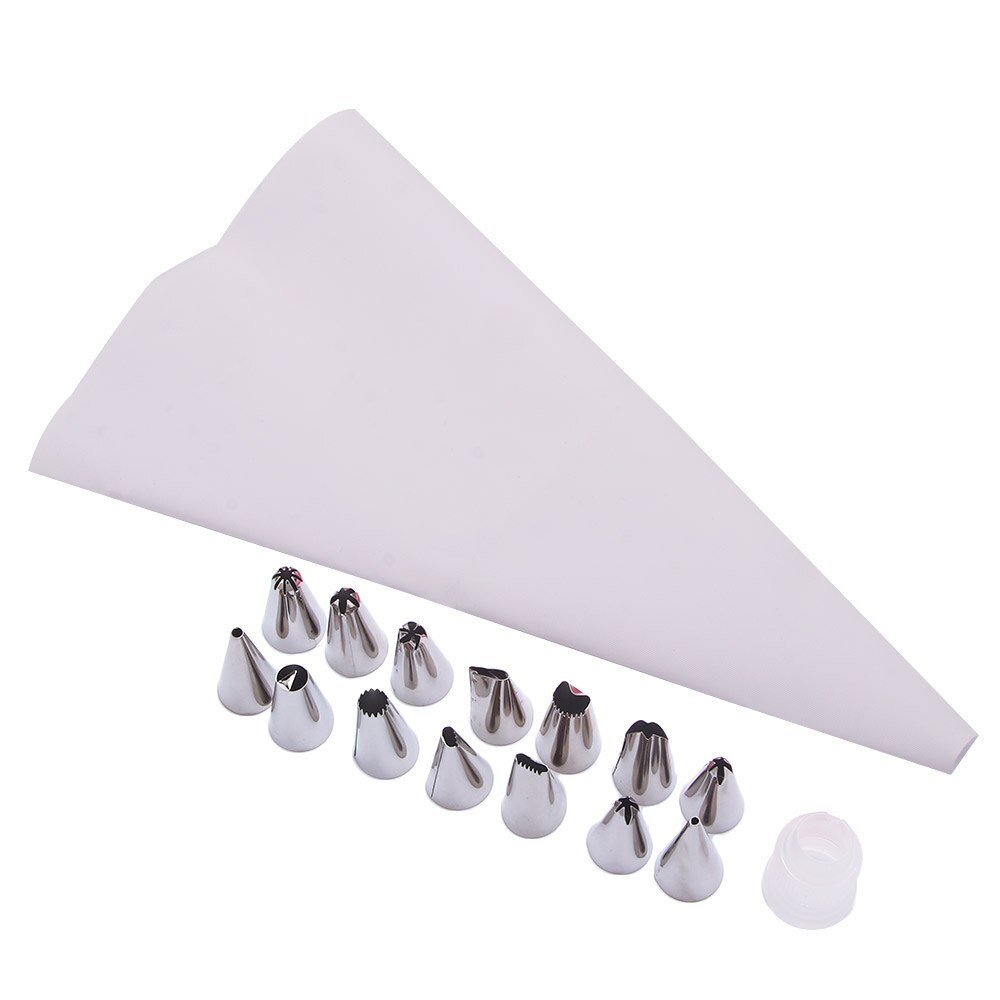 16 uds/Set de manga pastelera de silicona para glaseado bolsa de crema pastelera + 14 Uds boquilla de acero inoxidable adaptador de boquillas de manga pastelera DIY herramientas de decoración de pasteles: White