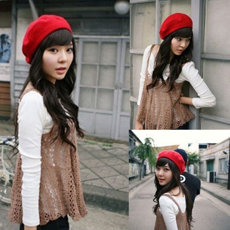 Dam ullbaskermössa varm vintermössa fransk konstnär vintage enfärgade baskerhattar enfärgad dam vinterkepsar