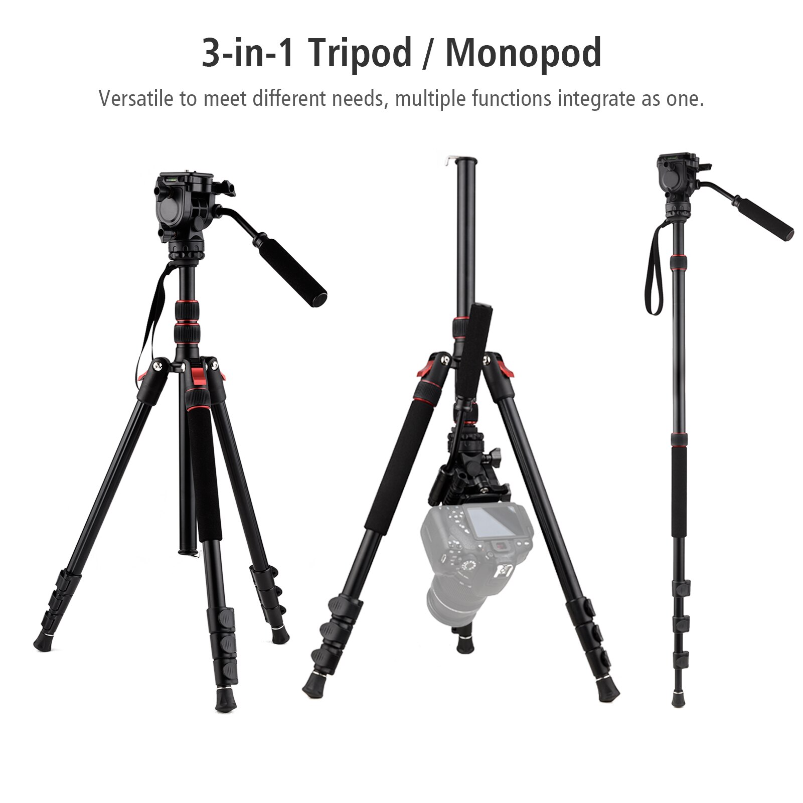 Andoer Aluminum Camera Tripod Stand Monopod 200cm 4-Section Adjustable 8KG Payload with 3-way Pan Tilt Head for DSLR SLR Camera