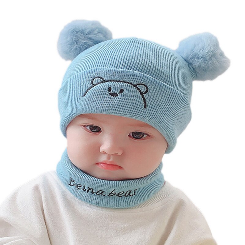 2Pcs Toddler Hat +Twitter Pompon Winter Children Hat Bonnet Enfant Knitted Cute Cap For Girls Boys 0-36 Months: 2PC blue