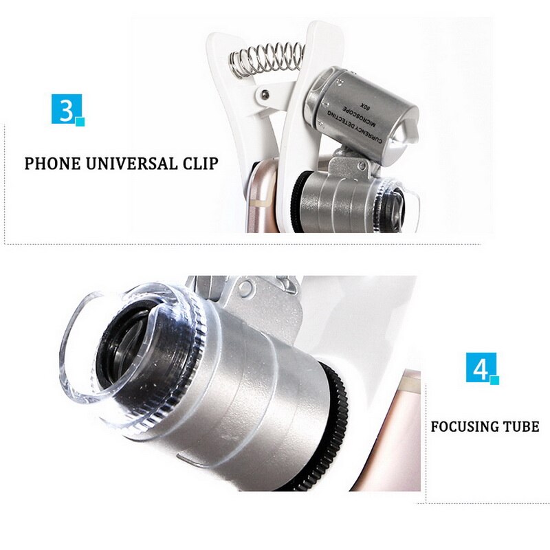 60x zoom clip-on förstoringsglas för telefonförstoringsglas med 2 led-lampor och uv-ljus