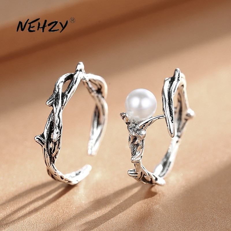 NEHZY 925 Sterling Silver Ring Hollow Woman Jewelry Adjustable Couple Ring Retro Pearl Thai Silver Black
