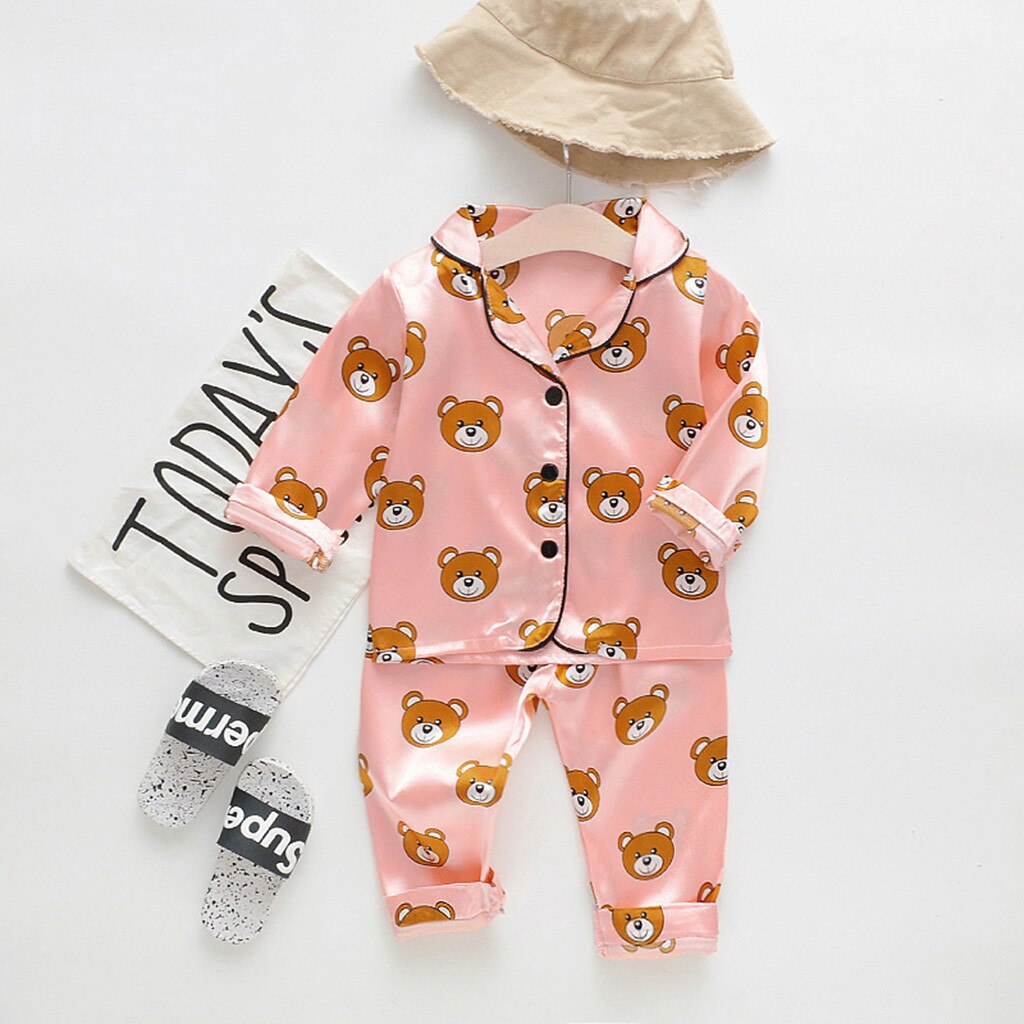Toddler Sleepwear Outfits Boy Winter Long Sleeve Cartoon Bear Tops+Pants Pajamas Keep Warm Turn-down Collar Single Breasted D27#